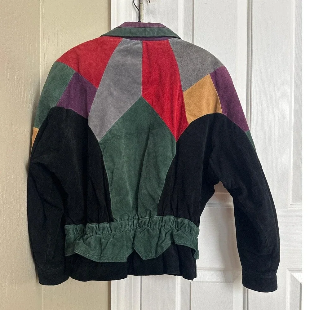 Vintage 80s 90s Colorful Patchwork‎ Leather Bomber Jacket Made in Korea Size L - Picture 4 of 9